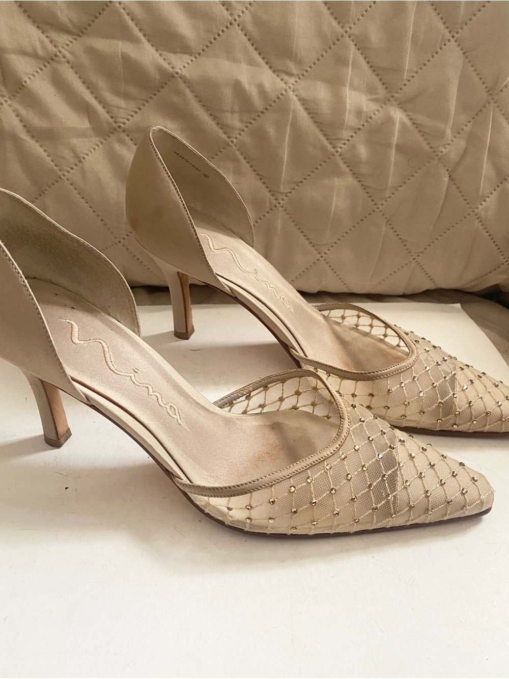 Nina Pointed Toe Embellished Heels in Beige USA 71⁄2